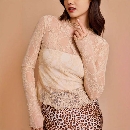 Buycenter Sheer Mesh Lace Slim-Fit T-Shirt - Stylish Long Sleeve Top - Buy Center