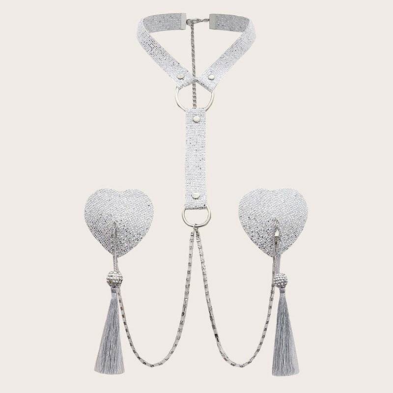 Tassel Love Heart Chest Necklace - Handmade Sequin Body Jewelry - Buy Center