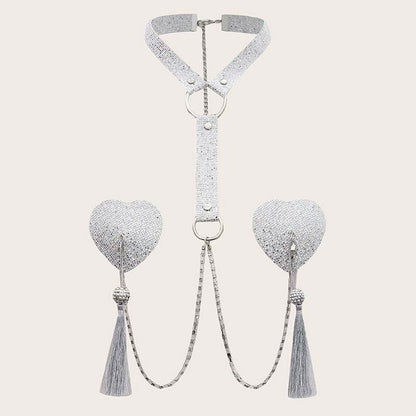 Tassel Love Heart Chest Necklace - Handmade Sequin Body Jewelry - Buy Center