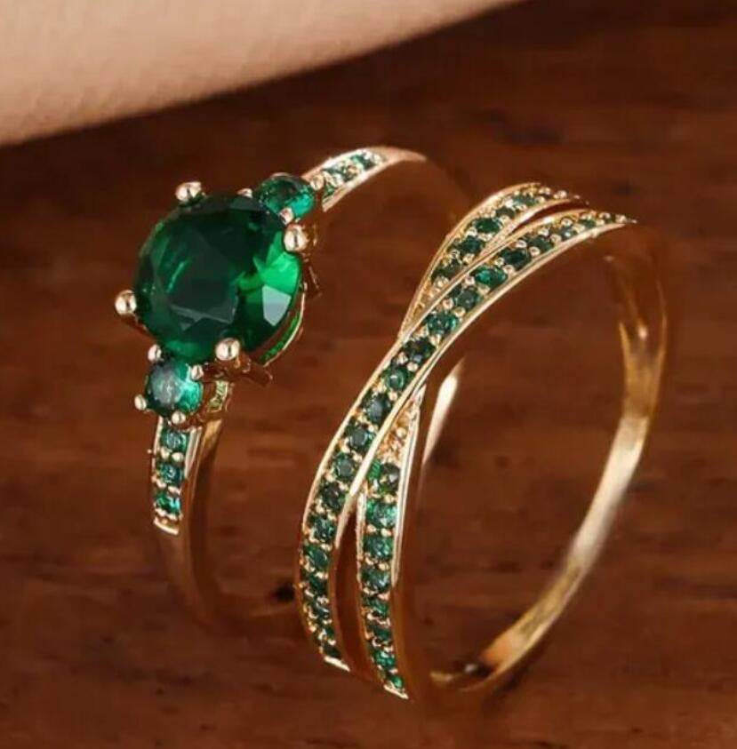 Emerald Zircon Retro Ring Set - Stylish Geometric Unisex Fashion Jewelry - Buy Center