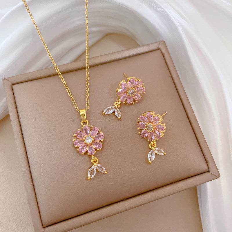 Buy Center Light Luxury Necklace & Earrings Set - Full Diamond Floral Design - Buy Center