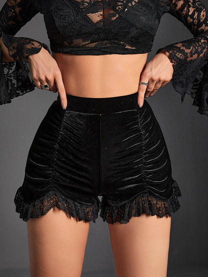 Buycenter High Waist Velvet Pleated Shorts - Dark Gothic Fashion for Women - Buy Center