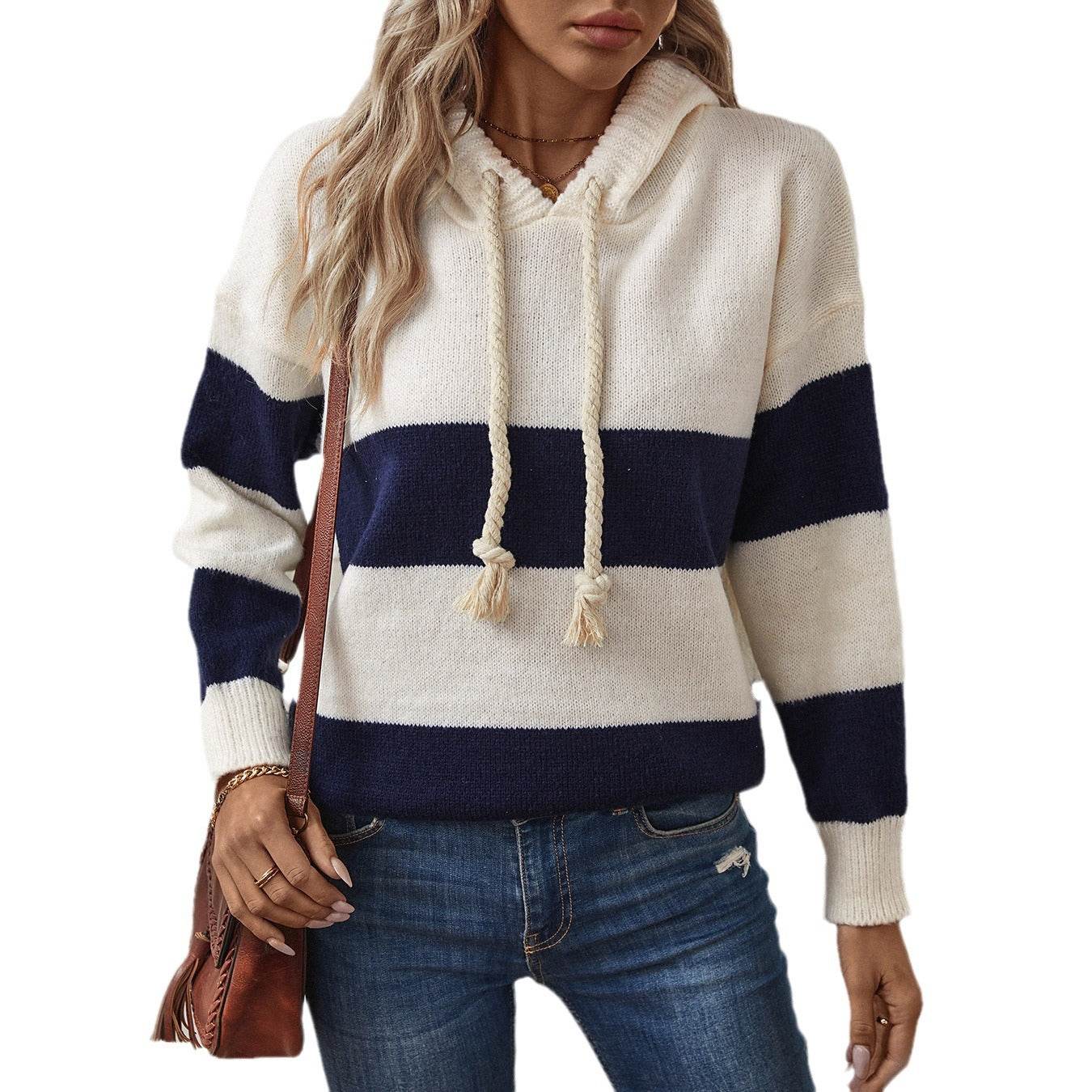 Stylish Hooded Pullover Sweater for Women - Trendy Color Contrast Design - Buy Center