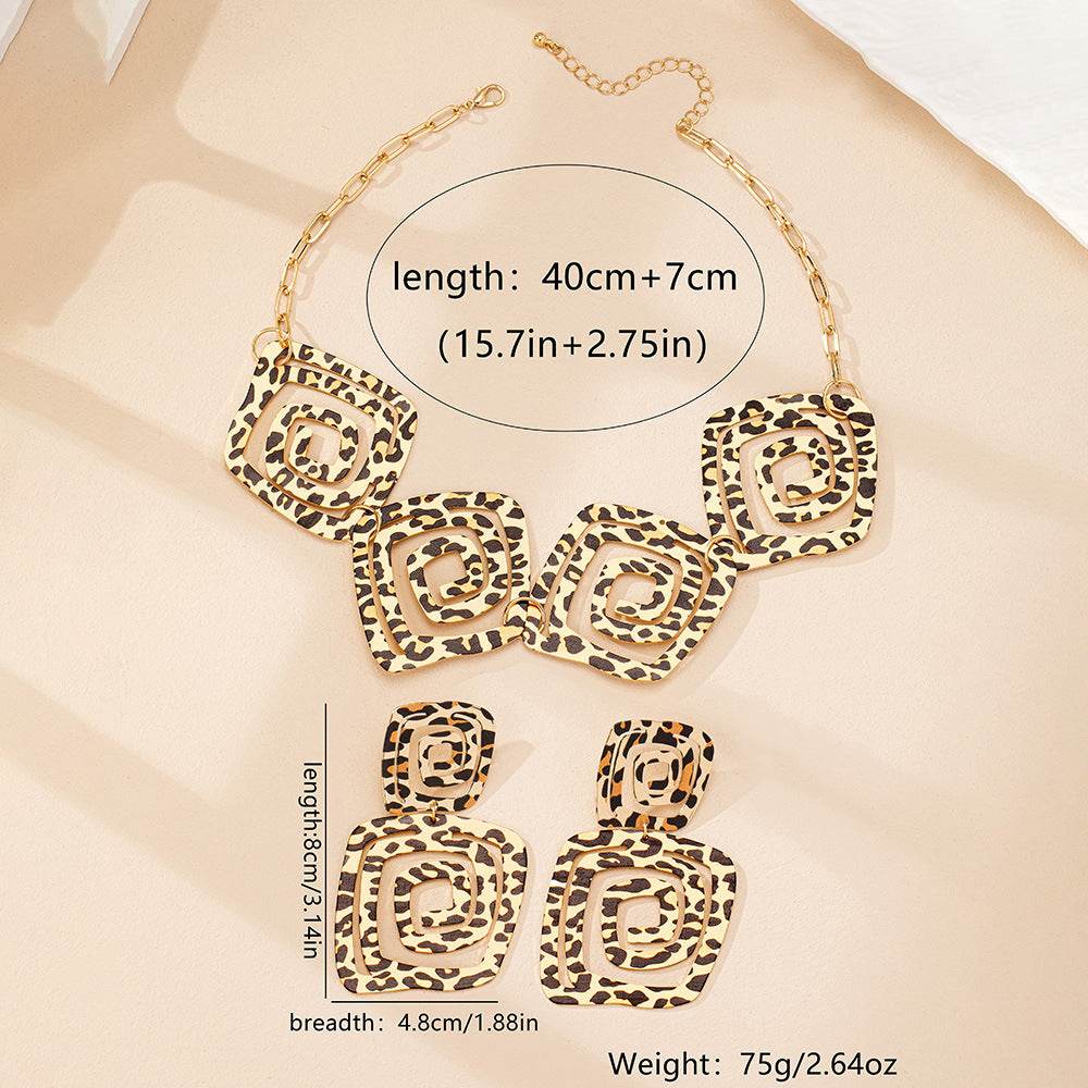 Geometric Leopard Print Jewelry Set - Trendy Spiral Earrings & Necklace - Buy Center