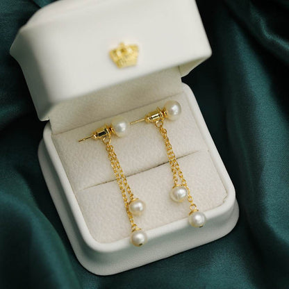 Natural Pearl Long Tassel Earrings - 14K Gold Accent, Korean Style - Buy Center