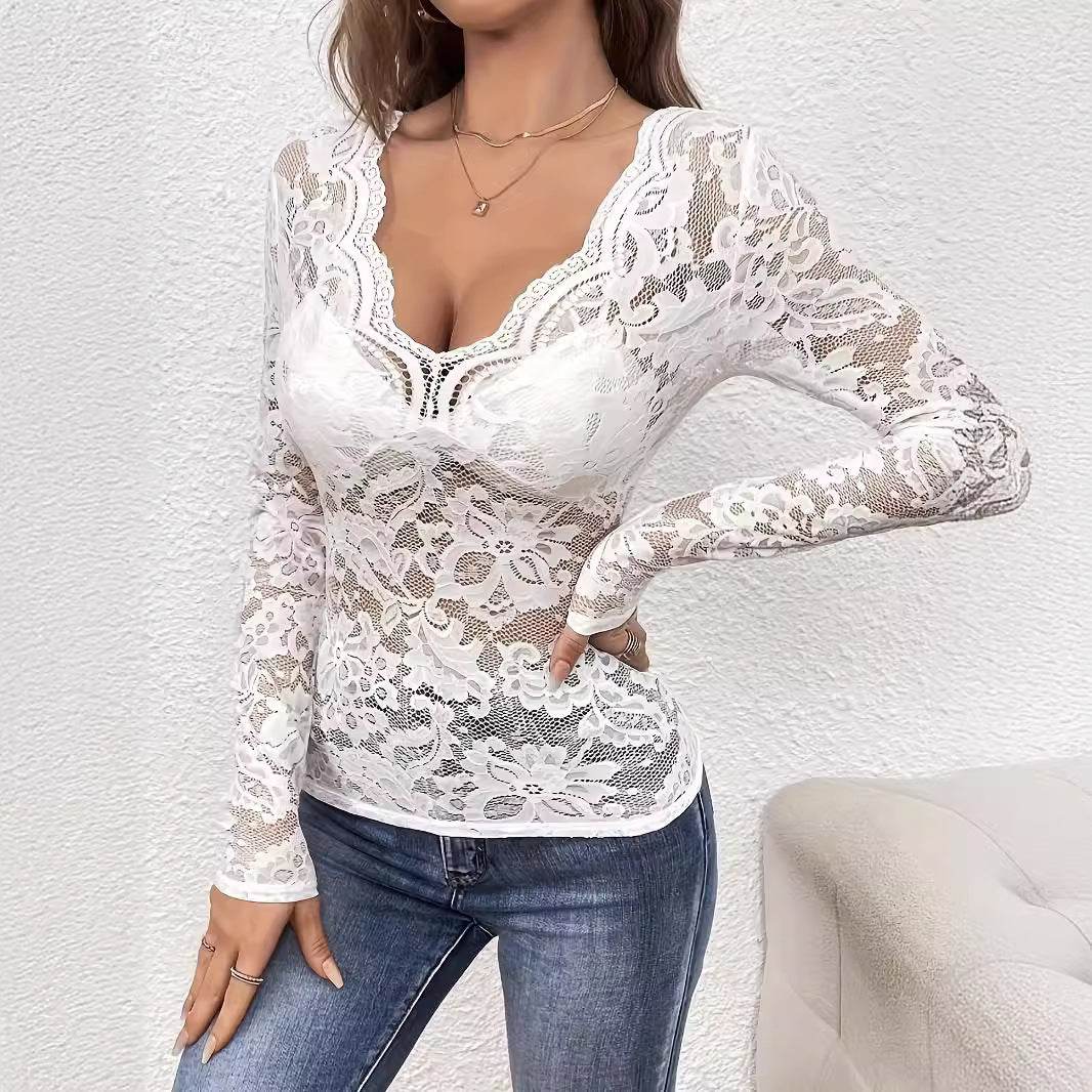 Buycenter Elegant V-neck Lace Blazer - Long Sleeve Pullover Top - Buy Center