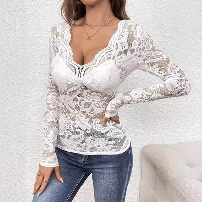 Buycenter Elegant V-neck Lace Blazer - Long Sleeve Pullover Top - Buy Center