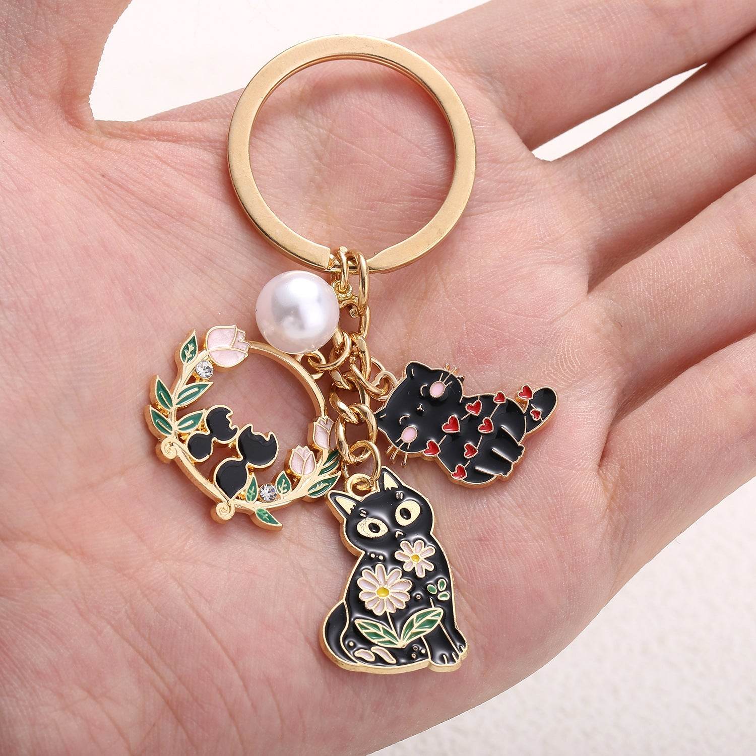 Cute Black Cat Wreath Pearl Keychain - Stylish Pendant for Cat Lovers - Buy Center