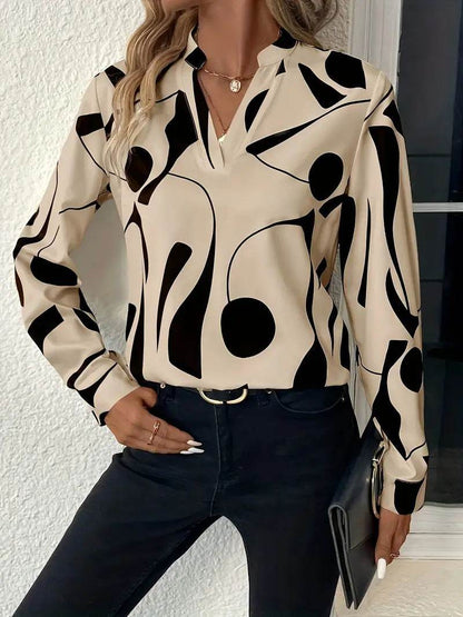 Buycenter Women's Notched Collar Long Sleeve Shirt - Printed Blouse - Buy Center