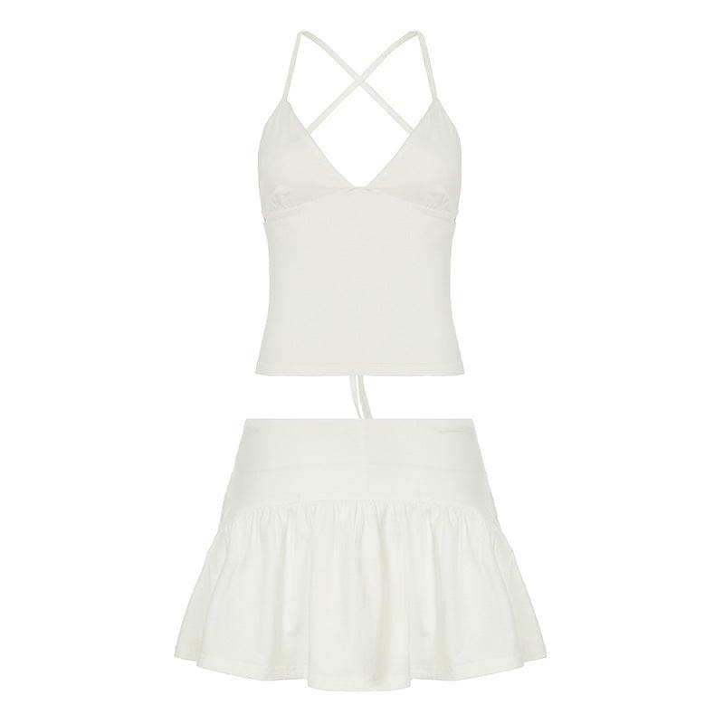 Buycenter V-Neck Hollow Out Exercise Skirt Suit - Solid Color & Sexy Style - Buy Center