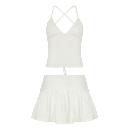 Buycenter V-Neck Hollow Out Exercise Skirt Suit - Solid Color & Sexy Style - Buy Center