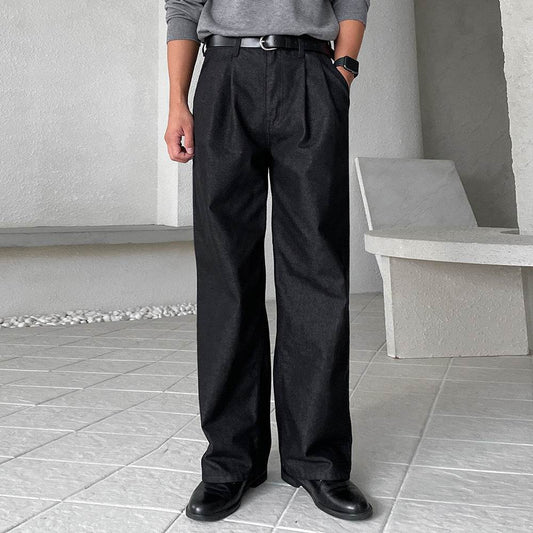 Men's Casual Loose-Fitting Straight Jeans - Black Wide-Leg Trousers - Buy Center