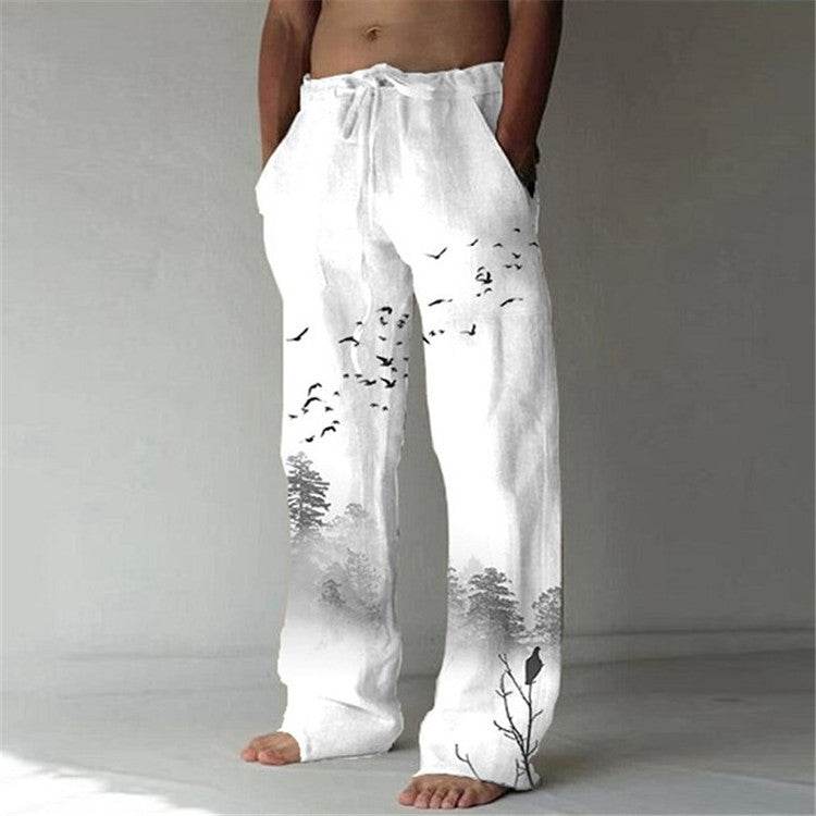 Men's Cotton Linen Printed Drawstring Trousers - Stylish Comfortable Fit - Buy Center