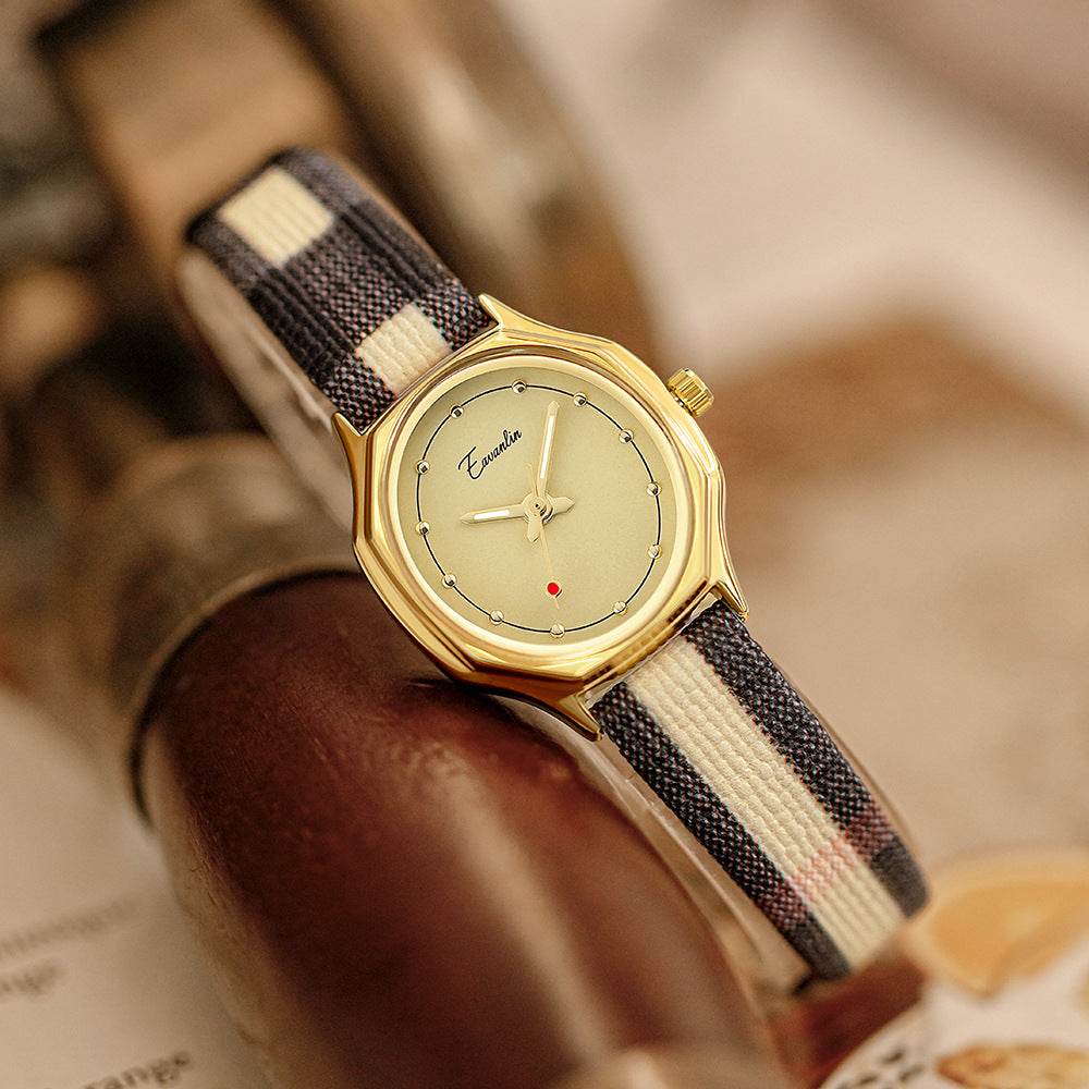 Women's Retro Minority Design Watch - Brown Plaid Strap & Gold Frame - Buy Center