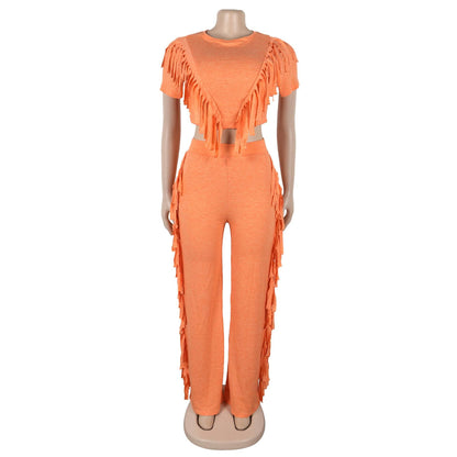Buycenter Casual Tassel Top Wide Leg Pants Suit - Solid Color Set - Buy Center