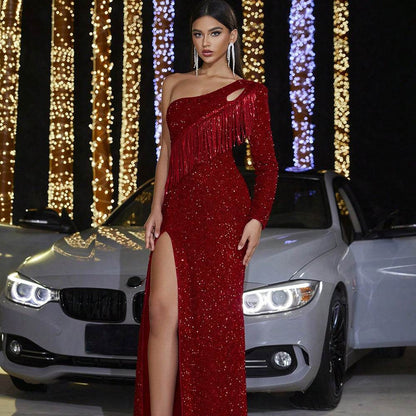 Sexy Backless Red Evening Dress - Sequined Tassel Long Skirt 2025 - Buy Center