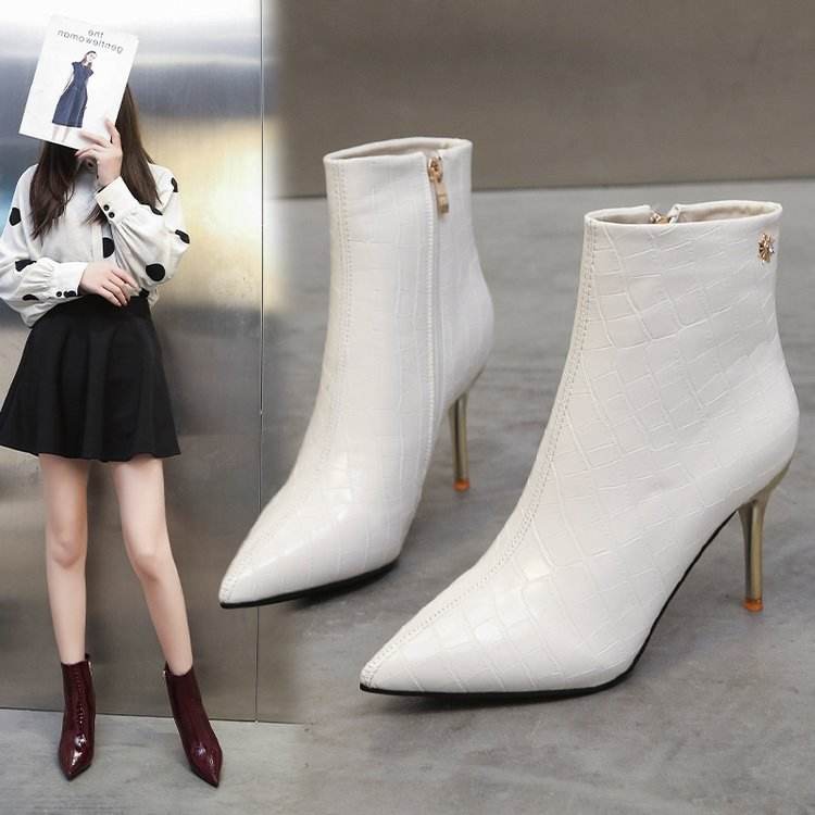 Stone Pointed Patent Leather Stiletto Boots - Waterproof Mid Heel Style - Buy Center
