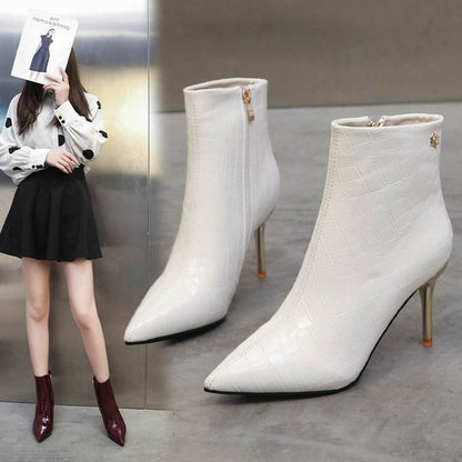 Stone Pointed Patent Leather Stiletto Boots - Waterproof Mid Heel Style - Buy Center