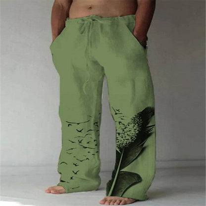Men's Cotton Linen Printed Drawstring Trousers - Stylish Comfortable Fit - Buy Center
