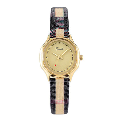 Women's Retro Minority Design Watch - Brown Plaid Strap & Gold Frame - Buy Center