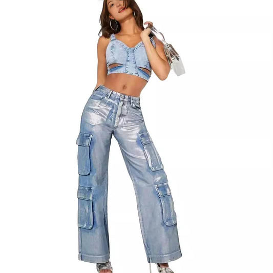 Fashion Silver Craft Denim Overalls - Wide Leg, Multi-Pocket Style - Buy Center