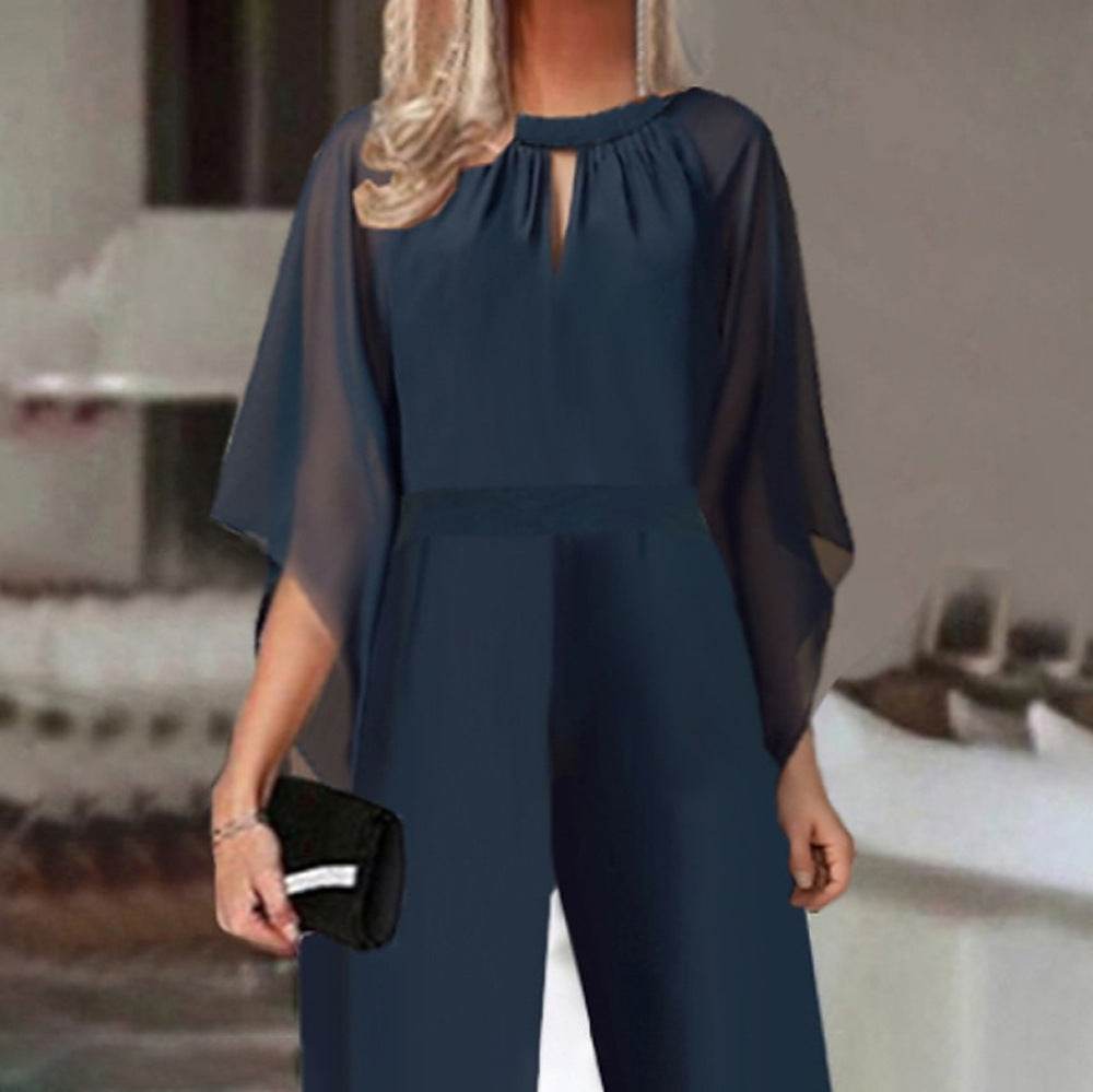 Elegant Women's Short-Sleeved Jumpsuit - High Waist Romper in Dark Blue - Buy Center