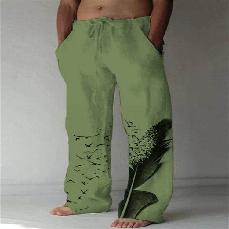 Men's Cotton Linen Printed Drawstring Trousers - Stylish Comfortable Fit - Buy Center