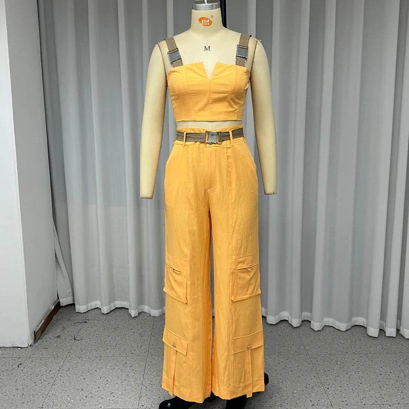 Buycenter Two-Piece Set - Elegant Crop Top & High Waist Pants, Orange - Buy Center