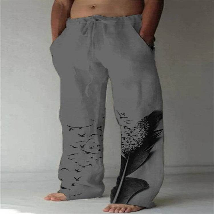 Men's Cotton Linen Printed Drawstring Trousers - Stylish Comfortable Fit - Buy Center