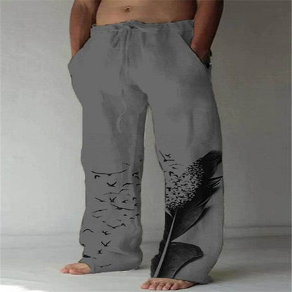 Men's Cotton Linen Printed Drawstring Trousers - Stylish Comfortable Fit - Buy Center