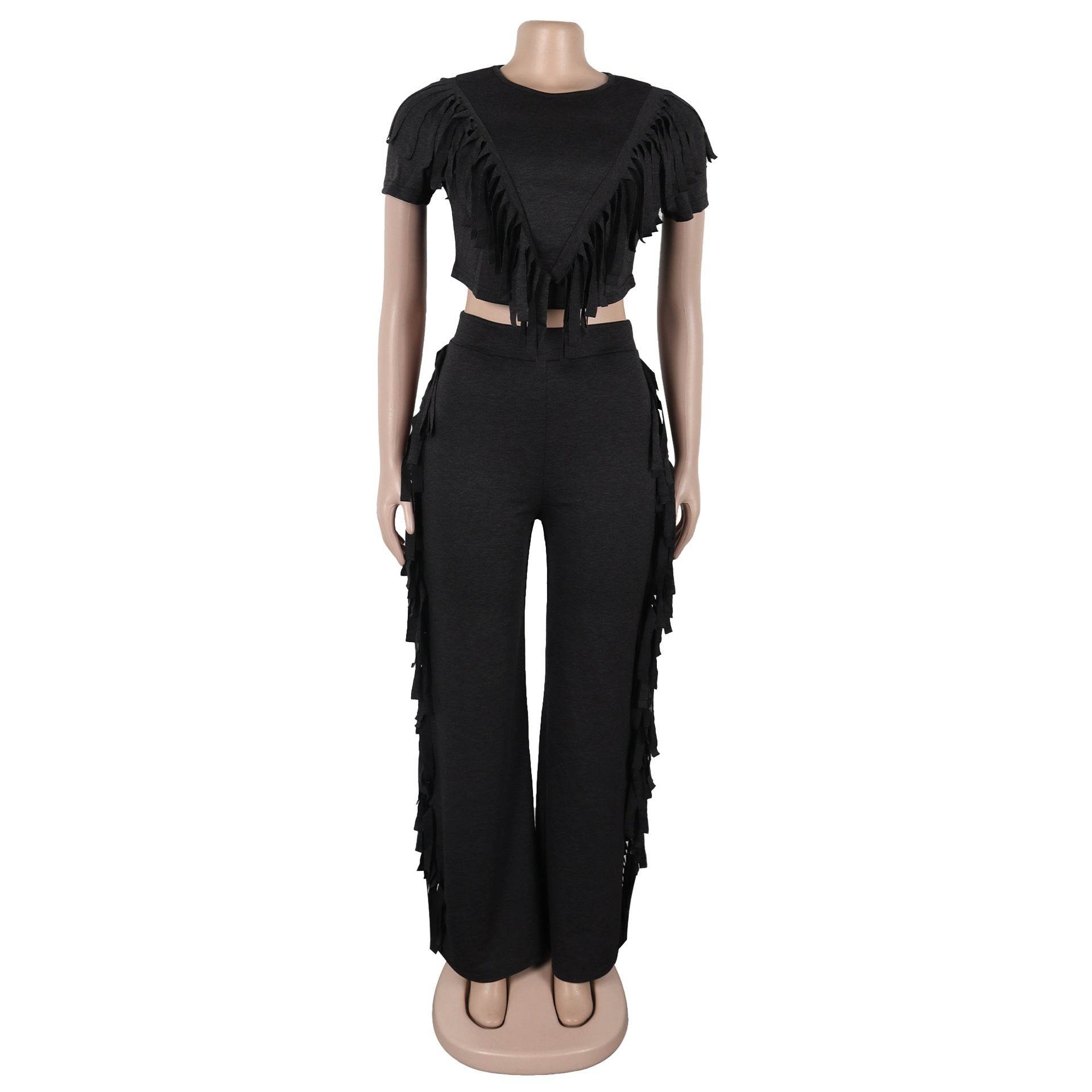 Buycenter Casual Tassel Top Wide Leg Pants Suit - Solid Color Set - Buy Center