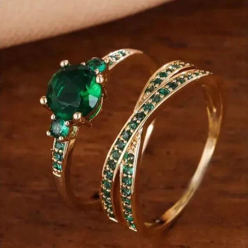 Emerald Zircon Retro Ring Set - Stylish Geometric Unisex Fashion Jewelry - Buy Center