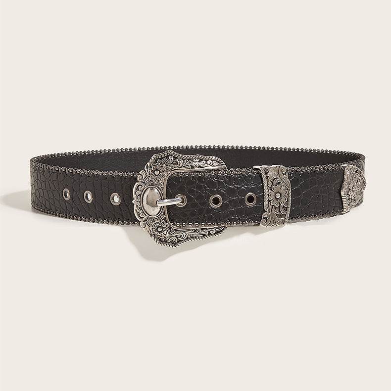 American Retro Ladies Buckle Belt - Vintage Engraved Design, Gun Color - Buy Center