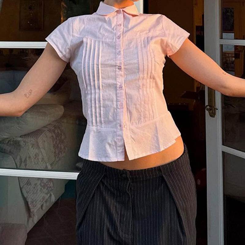 Buycenter Pleated Lapel Blouse - Short Sleeve Girls' Top in Pink & White - Buy Center