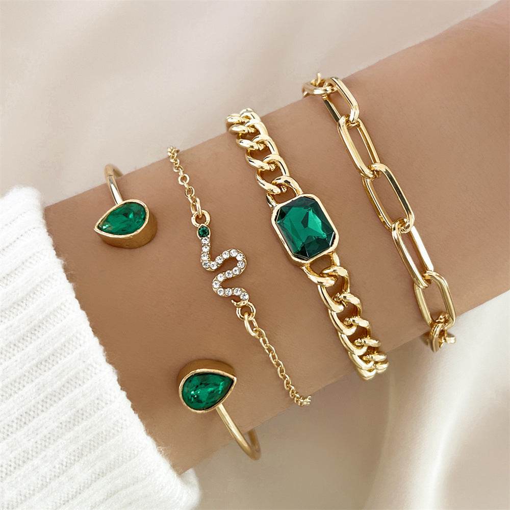 Buycenter Premium Green Diamond Snake Bracelet - Elegant 4-Piece Set - Buy Center
