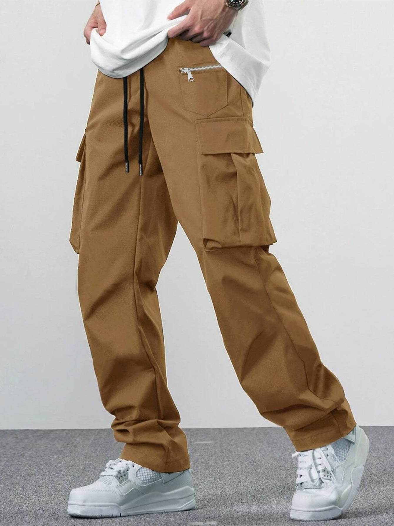 Casual Multi-Pocket Men's Overalls - Solid Color & Mid-Waist Style - Buy Center
