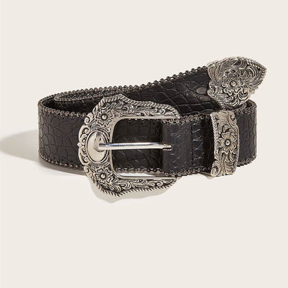 American Retro Ladies Buckle Belt - Vintage Engraved Design, Gun Color - Buy Center