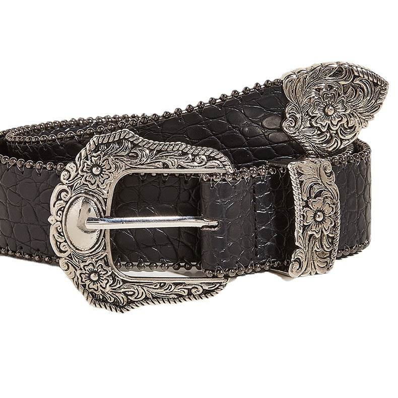 American Retro Ladies Buckle Belt - Vintage Engraved Design, Gun Color - Buy Center