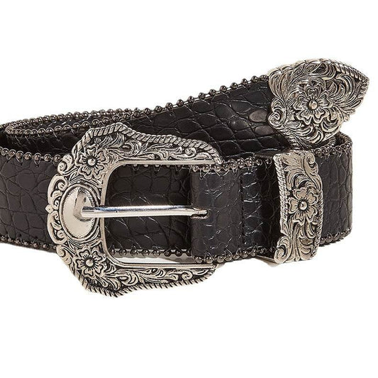 American Retro Ladies Buckle Belt - Vintage Engraved Design, Gun Color - Buy Center