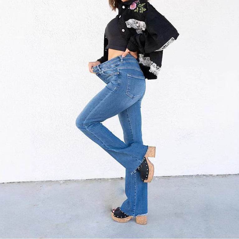 Buycenter Women's High Waist Jeans - Straight Leg, Double Button Design - Buy Center