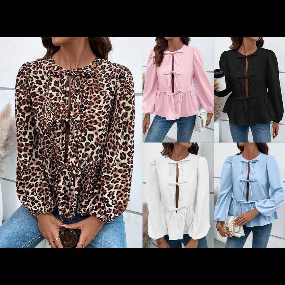 Casual Loose Buckle Shirt for Women - Leopard Print & Solid Colors - Buy Center