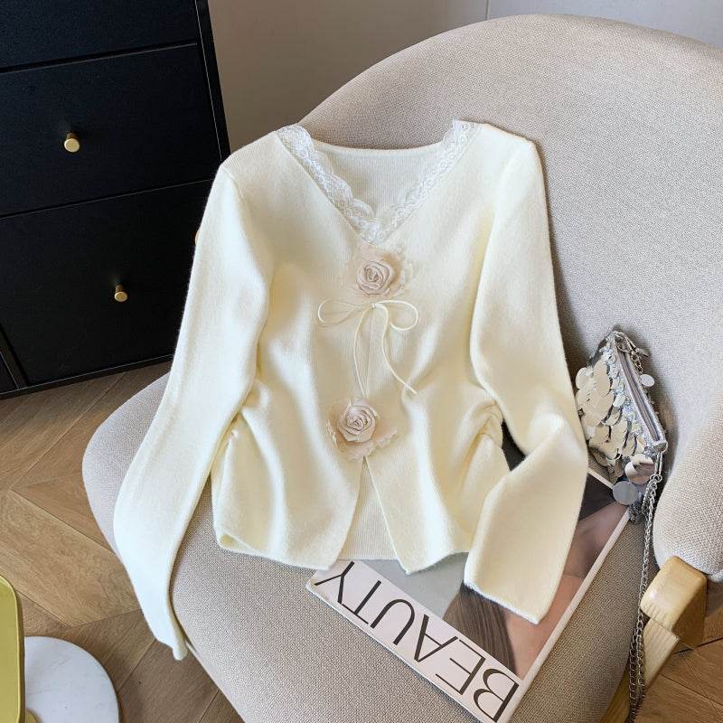 Buycenter Women's Lace V-neck Long Sleeve Knitwear - Slim Fit Pullover - Buy Center