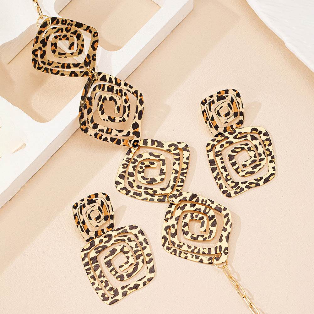 Geometric Leopard Print Jewelry Set - Trendy Spiral Earrings & Necklace - Buy Center