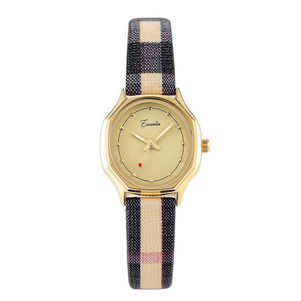 Women's Retro Minority Design Watch - Brown Plaid Strap & Gold Frame - Buy Center