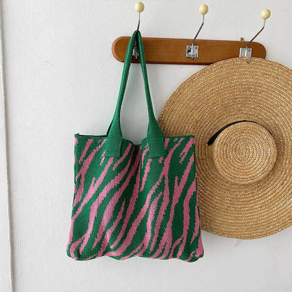 Large Capacity Zebra Pattern Tote Bag - Stylish Knitted Design for Women - Buy Center