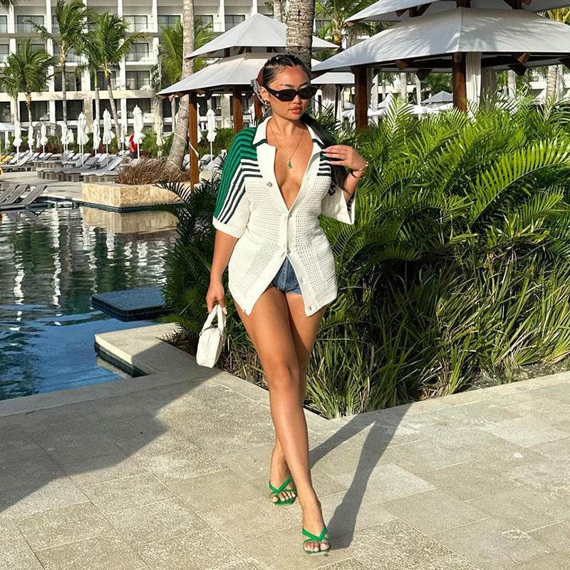 Buycenter Women's Striped Wool Top - Loose Fit Lapel Cardigan Blazer - Buy Center