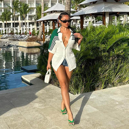 Buycenter Women's Striped Wool Top - Loose Fit Lapel Cardigan Blazer - Buy Center