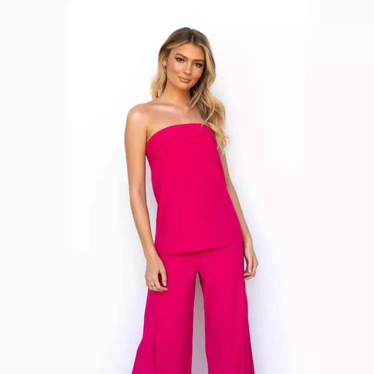Buycenter Women's Off-Shoulder Trousers Suit - Casual Rose Red Ensemble - Buy Center