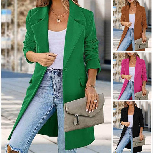 Women's Woolen Cardigan Coat - Stylish Rose Red, Green, Yellow, Black - Buy Center