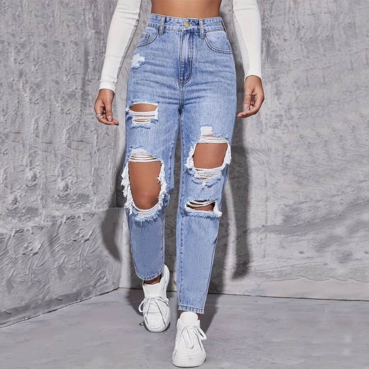 Buycenter Casual High Waist Ripped Denim Trousers for Women - Stylish Fit - Buy Center